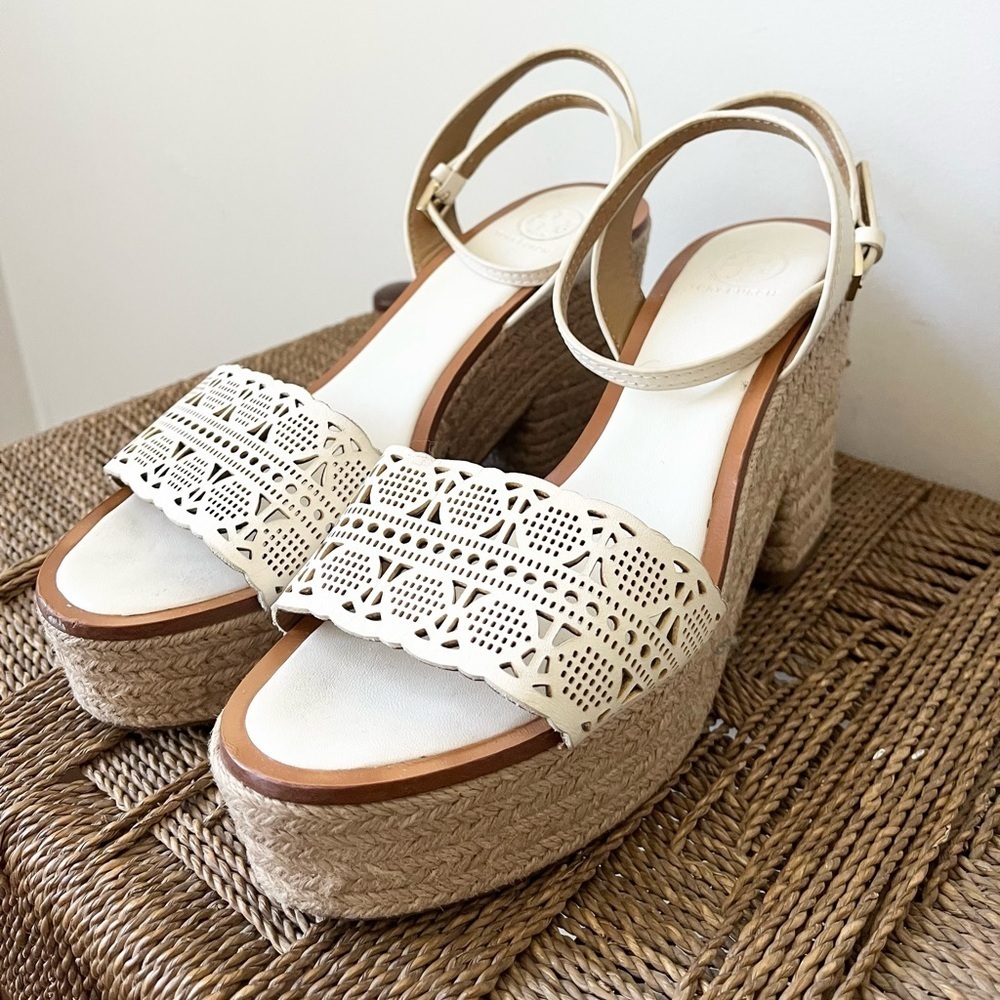 Tory Burch Shoes Women’s 9.5 Roselle Leather Espadrille Heel Resort Wear